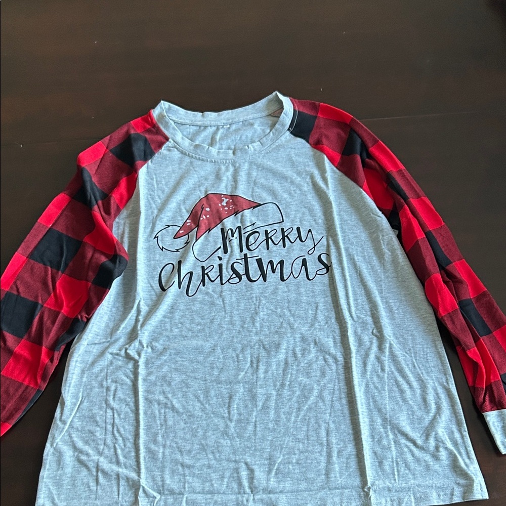 Merry Christmas Raglan Shirt with Red Plaid Sleeves size 2XL